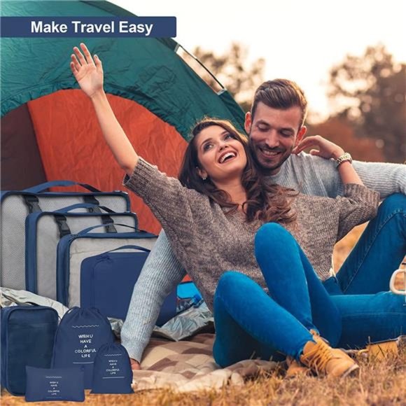 8 Set Packing Cubes Suitcases Blue Travel Luggage Packing Organizers Laundry Bag - Picture 5 of 6